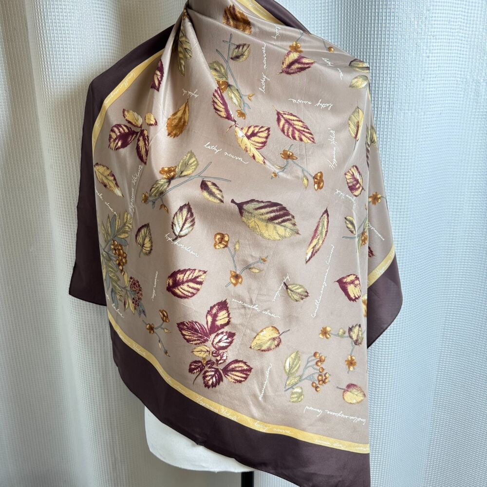 Liz Claiborne 100% Silk Scarf Fall Leaves Names Tan Brown Square Classic Vintage